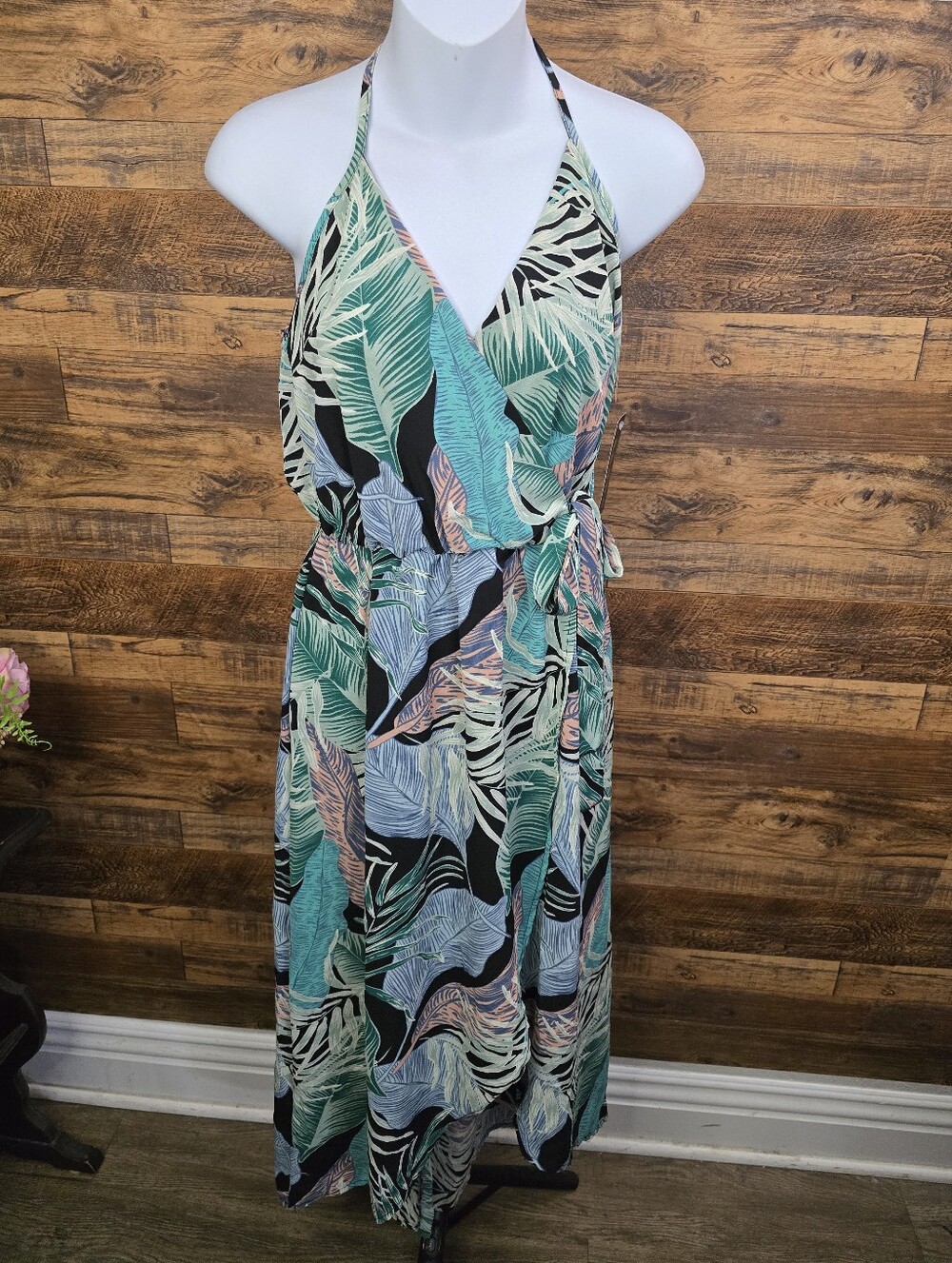 Scobe✨️Tropical Leaf Halter Midi Dress - Mint, Teal & Black